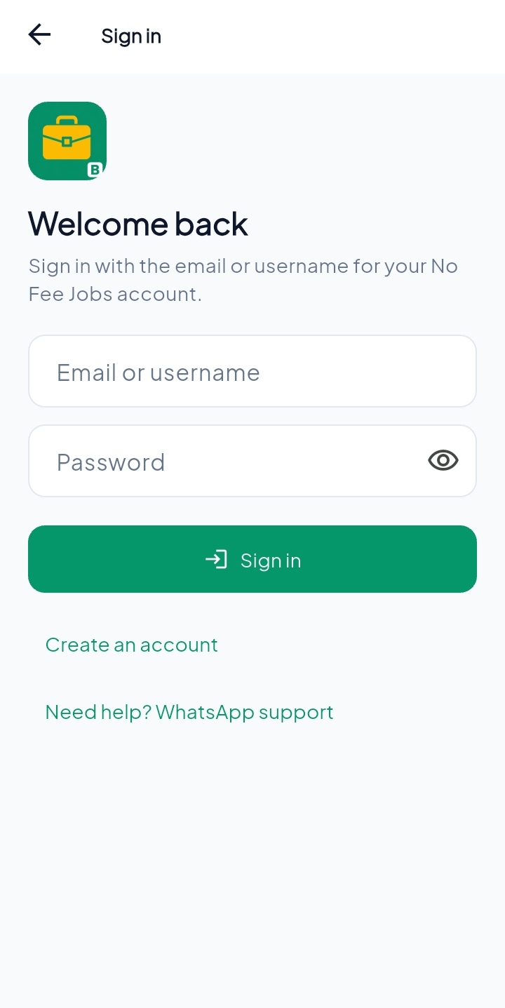 No Fee Jobs Business app — Sign in